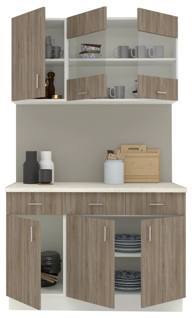Set Bucatarie Karo V3, Stejar Sonoma Inchis/Alb, Blat Thermo 28 mm, L 120 cm