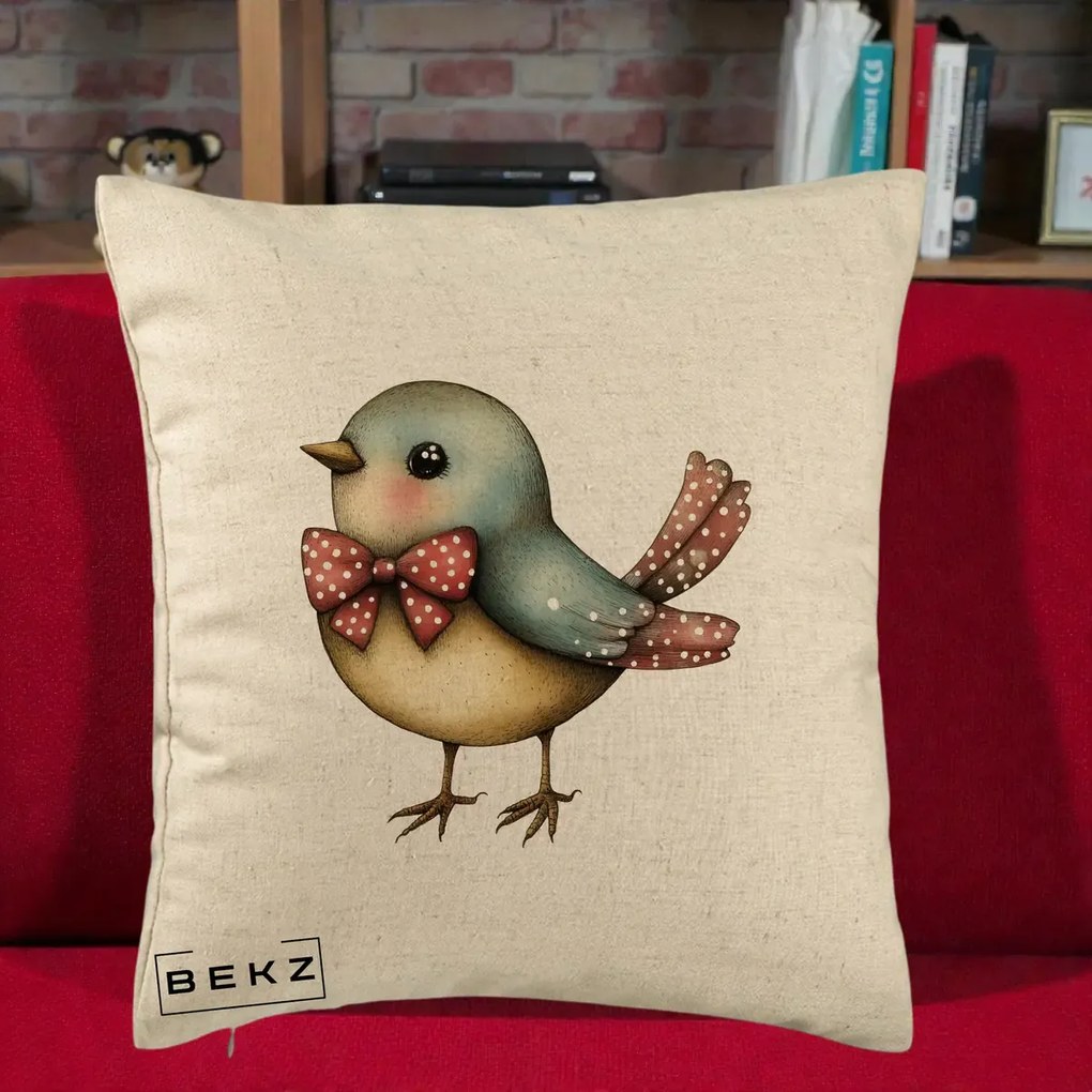Perna Decorativa Pasare Bleu cu Fundita Rosie, 40x40 cm, Bej, Husa Detasabila, Perna Inclusa, BEKZ®