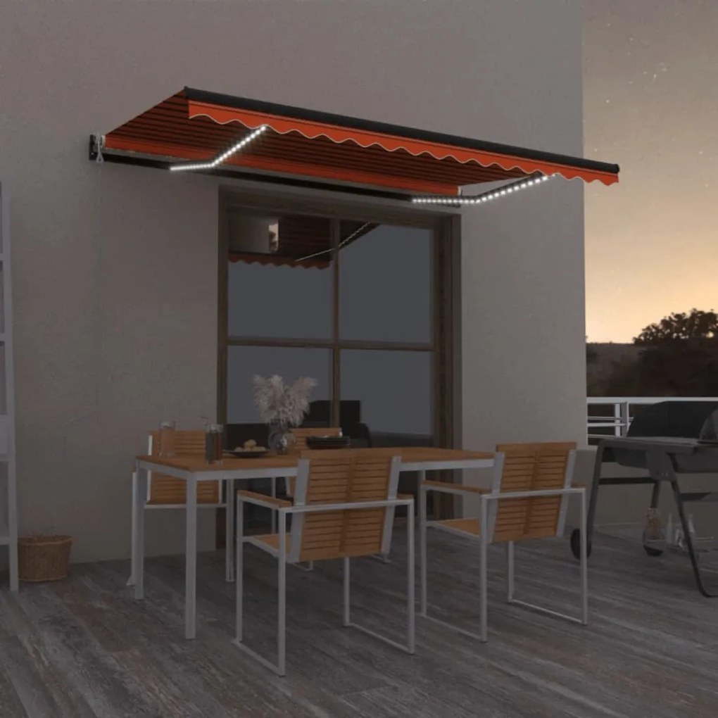 vidaXL Copertină automată, senzor vânt &amp; LED, oranj/maro, 450x350 cm