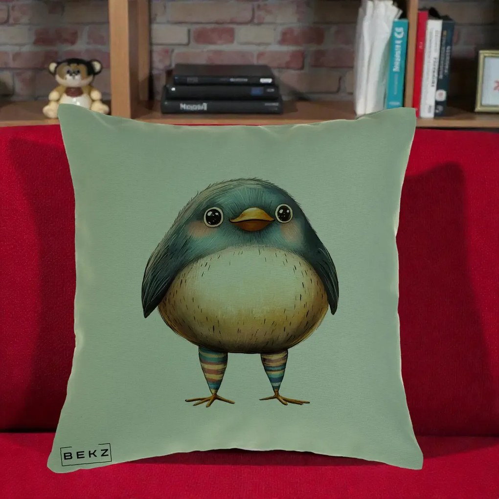 Perna Decorativa Pasare Teal-Bej cu Sosete Curcubeu, 40x40 cm, Verde, Husa Detasabila, Perna Inclusa, BEKZ®