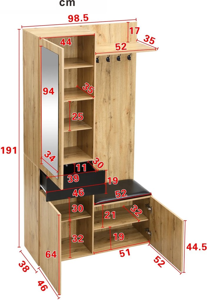 Set pentru garderobă cu 5 cârlige pentru haine, oglindă, dulap pentru pantofi și dulap încorporat, 98,5x38x191 cm, Culoare naturală
