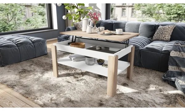 Măsuță de cafea pliabilă cu blat rabatabil cu raft ADEN stejar sonoma/alb