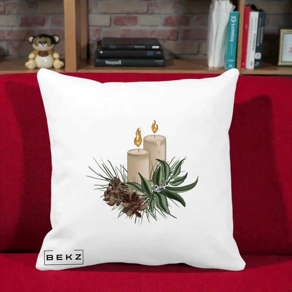 Perna Decorativa Lumanari cu Ilex si Conuri Ilustratie, 40x40 cm, Alba Mata, Husa Detasabila, Perna Inclusa, BEKZ®