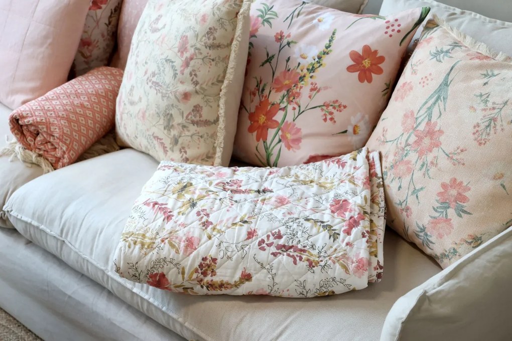 Pilota crem, din bumbac, model floral, 180x130cm, Aix