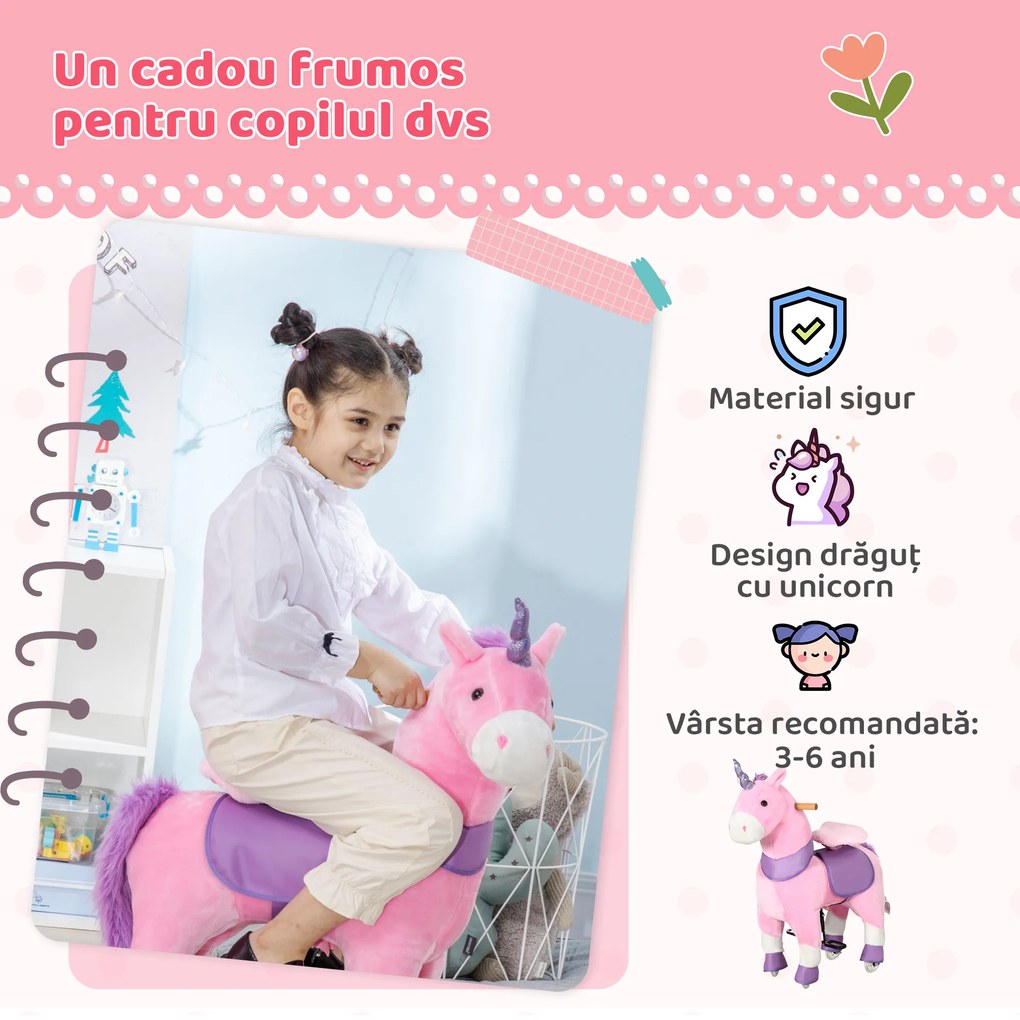 HOMCOM Balansoar Unicorn pentru Copii 3-6 Ani, cu Roți, Roz, 70x32x87cm | Aosom Romania
