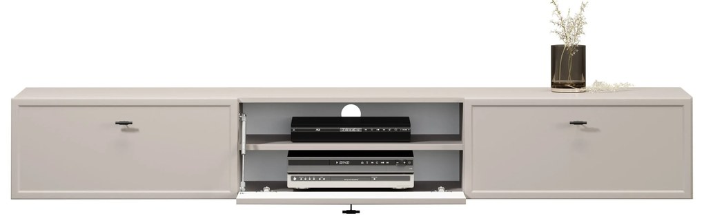 Comodă TV suspendată Lorini 200 cm cu sertare - culoare cașmir / mânere negre tip T-bar