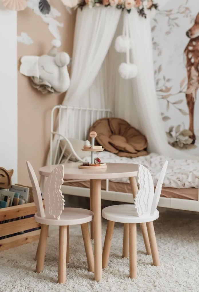 Set masuta rotunda roz si 2 scaunele ingeras alb si roz