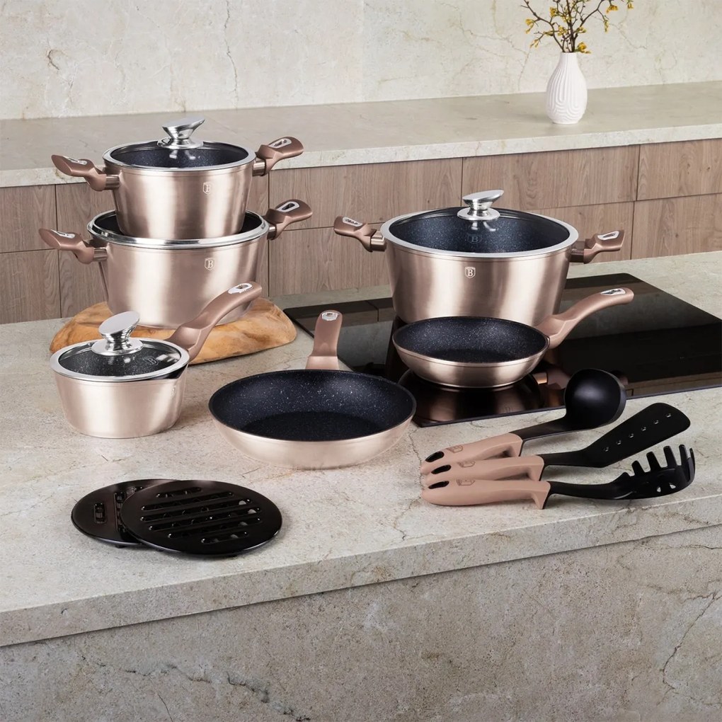 Set oale si tigai marmorate, cu capace, Rose Gold Metalic Line 15 piese Berlinger Haus BH 1224N, antiaderente, design elegant, inductie