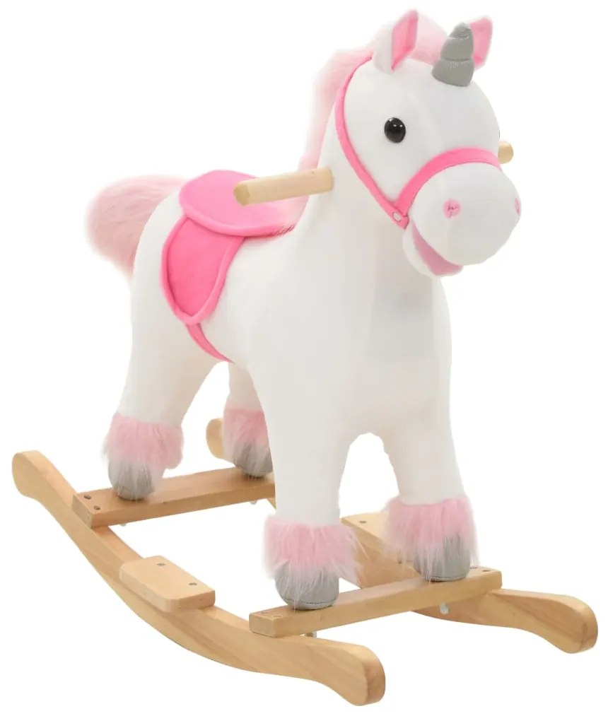 Balansoar unicorn de plus, 65 x 32 x 58 cm, alb si roz