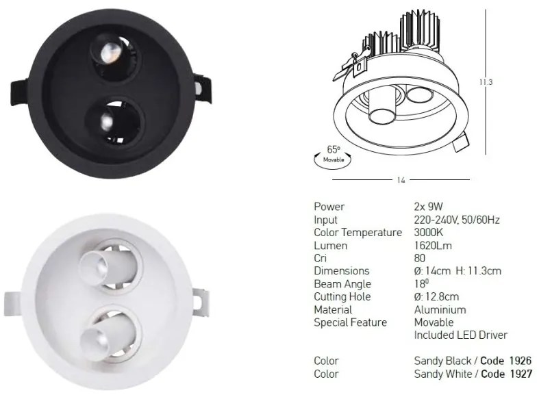Corp incastrabil cu 2 mini spoturi LED mobile Trimless alb