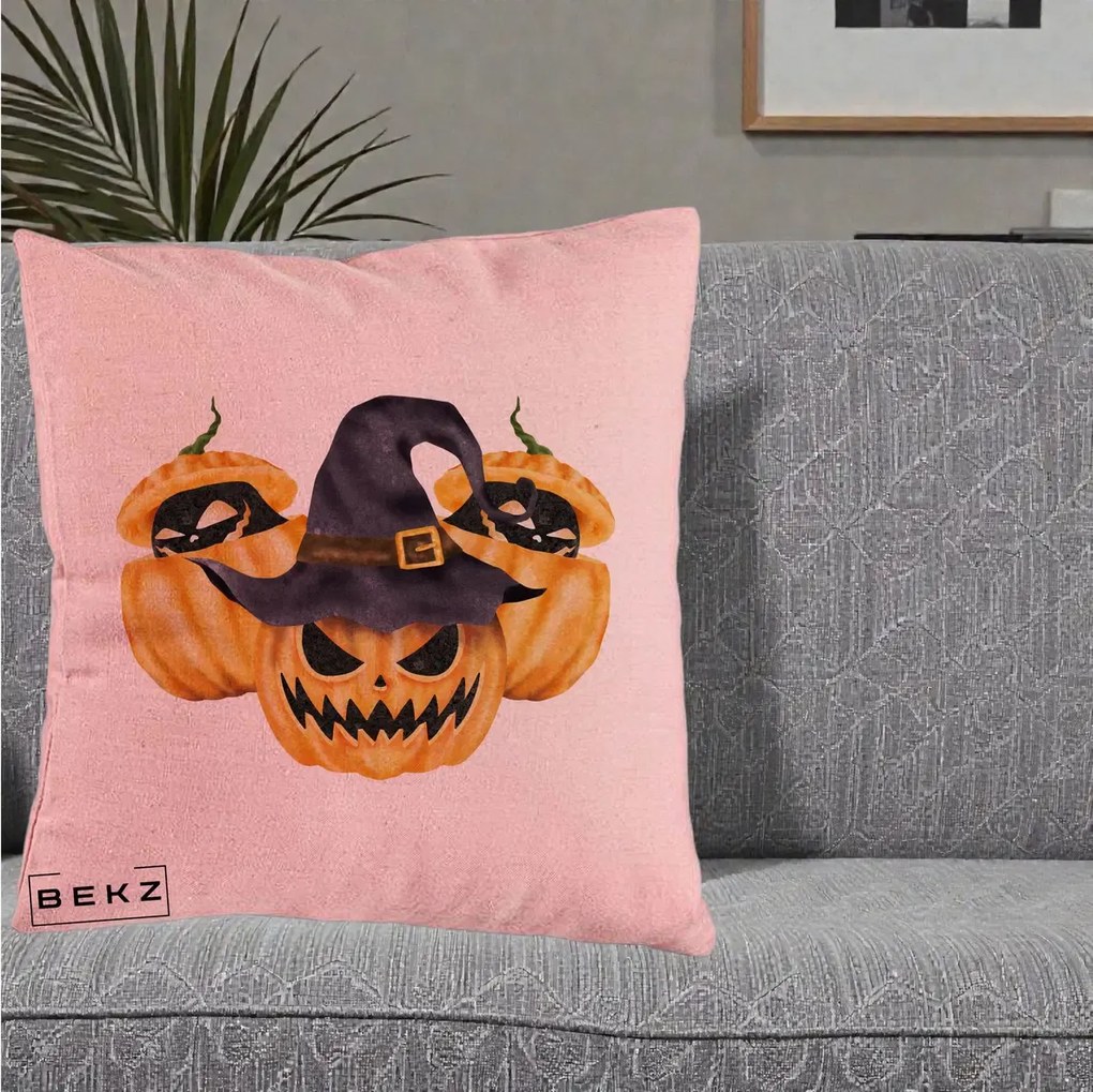 Perna Decorativa Trio Dovleci Jack-o-Lantern cu Palarie Vrajitoare, 40x40 cm, Roz, Husa Detasabila, Perna Inclusa, BEKZ®