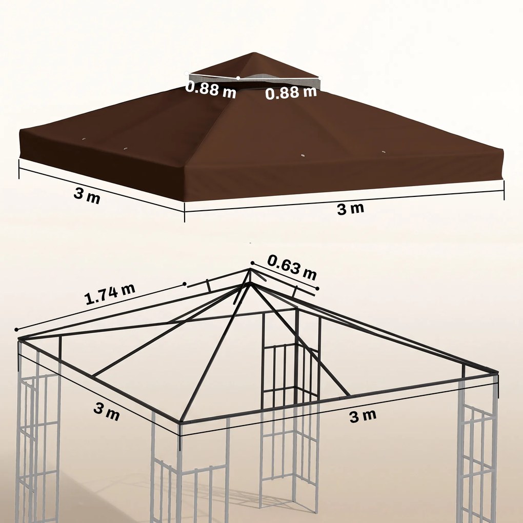 Outsunny Acoperiș de Schimb pentru Foișor 3x3 m cu 2 Niveluri pentru Grădină, Copertină Rezistentă la Apă din Țesătură Oxford 370g/㎡ Anti-UV 30+ cu Orificii de Drenaj, Cafeniu | Aosom Romania