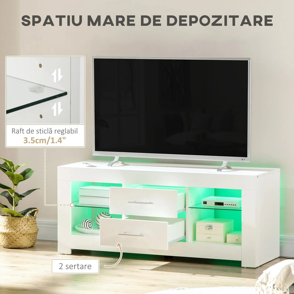 HOMCOM Comodă TV Modernă 55" cu LED RGB (12 Culori), Telecomandă Inclusă, Lemn cu Etajere din Sticlă, Dimensiune 120x40x50cm, Alb | Aosom Romania