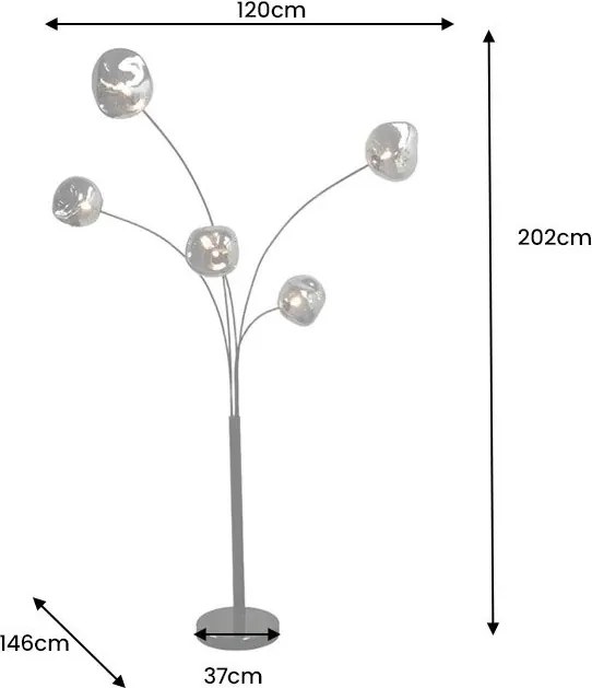 Lampa de podea moderna cu 5 globuri sticla fumurie LIQUID DIAMOND