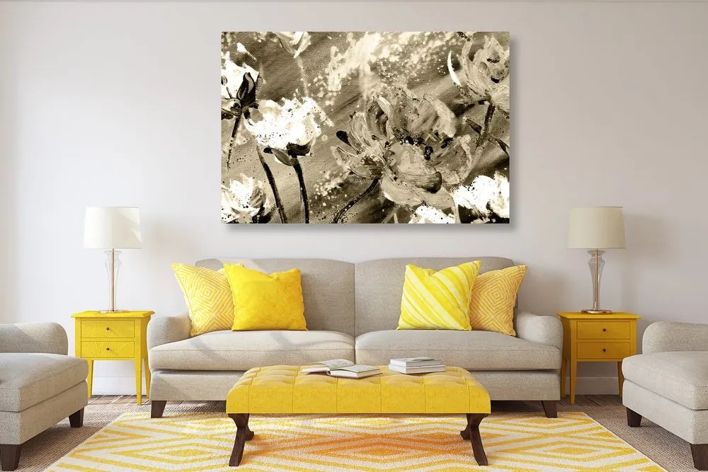 Tablou flori pictate în design sepia