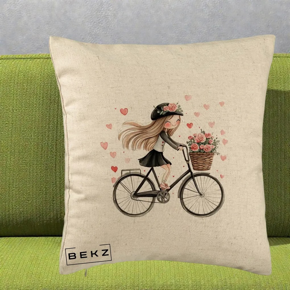 Perna Decorativa Fetita Kawaii pe Bicicleta cu Trandafiri si Inimioare, 40x40 cm, Bej, Husa Detasabila, Perna Inclusa, BEKZ®