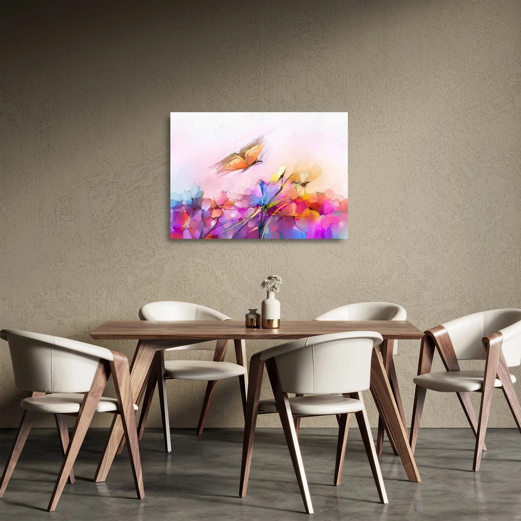 Tablou pe sticlă - Fluture asupra florilor, abstracție (70x50 cm)
