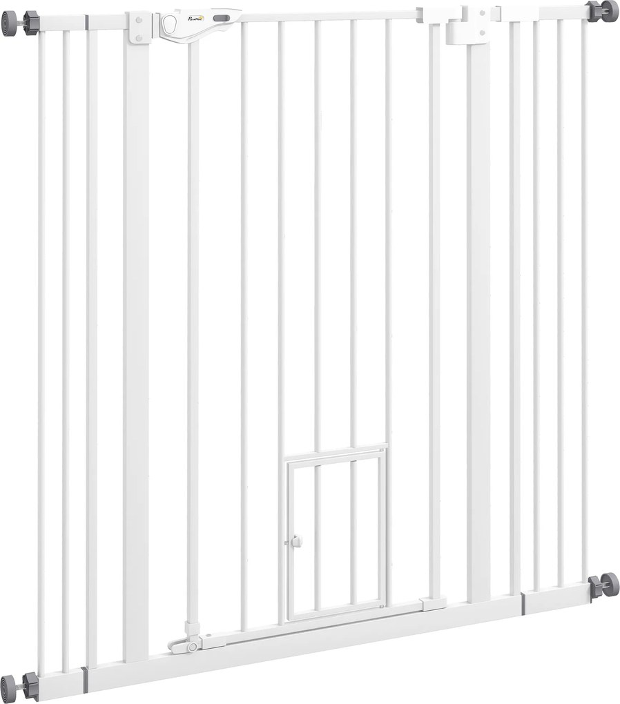 PawHut Poartă Reglabilă pentru Câini Înaltă cu Ușă Mică și Închidere Automată, 74-101x104cm, Alb | Aosom Romania