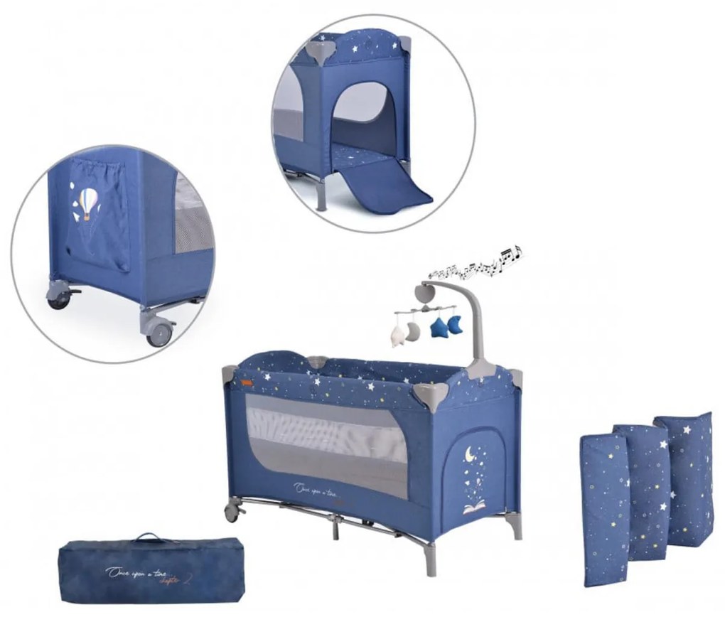 Patut pliant transformabil in tarc copii NOVOKIDS™ Onceuponatime NEST, 62X125 cm, 2 Niveluri, Jucarie Carusel muzical, Fermoar acces lateral, Albastru