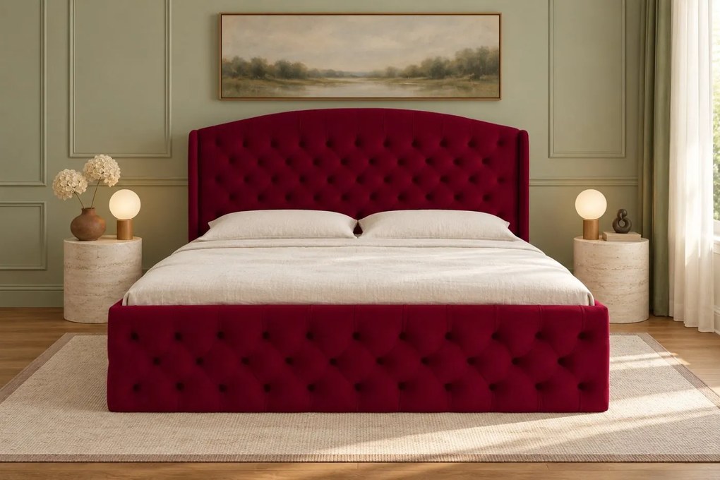 Pat tapițat Lunara Deluxe 180×200 cm, vișiniu, cu ladă de depozitare