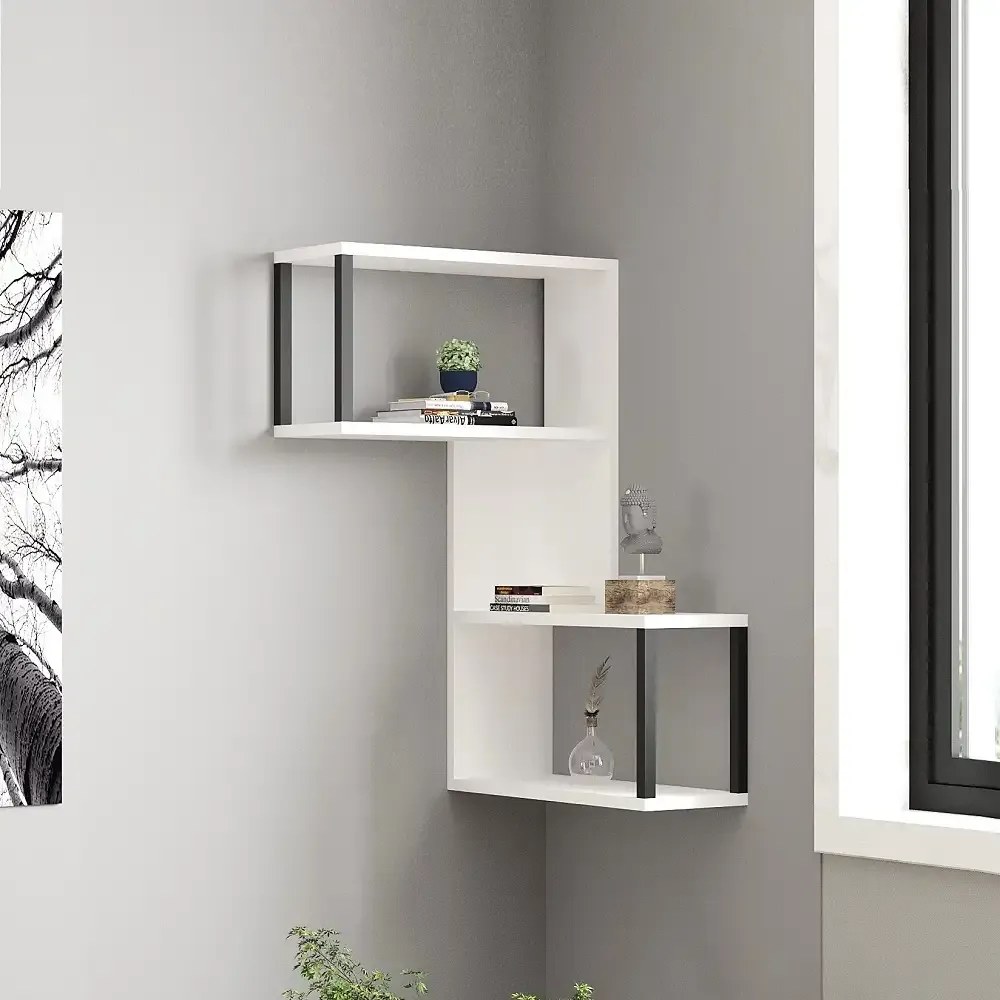 Raft de perete Lester pentru colt,  culoare alb si negru  84 cm
