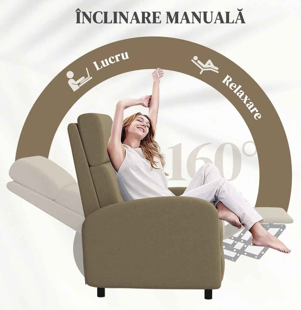 Fotoliu Relax HOMCOM Înclinabil Manual la 160° cu Suport pentru Picioare, Fotoliu Ergonomic Tapițat în Material Efect de In pentru Dormitor, Birou, Living și Sufragerie, Bej | Aosom Romania