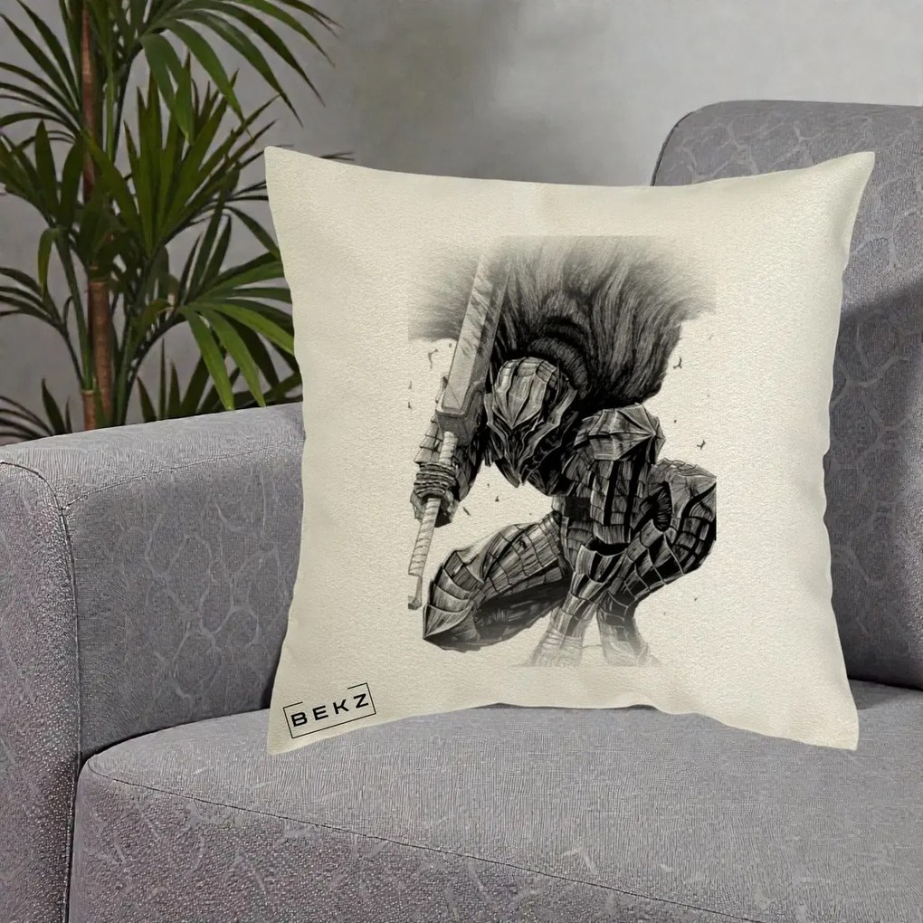 Perna Personalizata Berserk Guts Armor of Darkness Manga, 40x40 cm, Ecru, Husa Detasabila, Perna Inclusa, BEKZ®