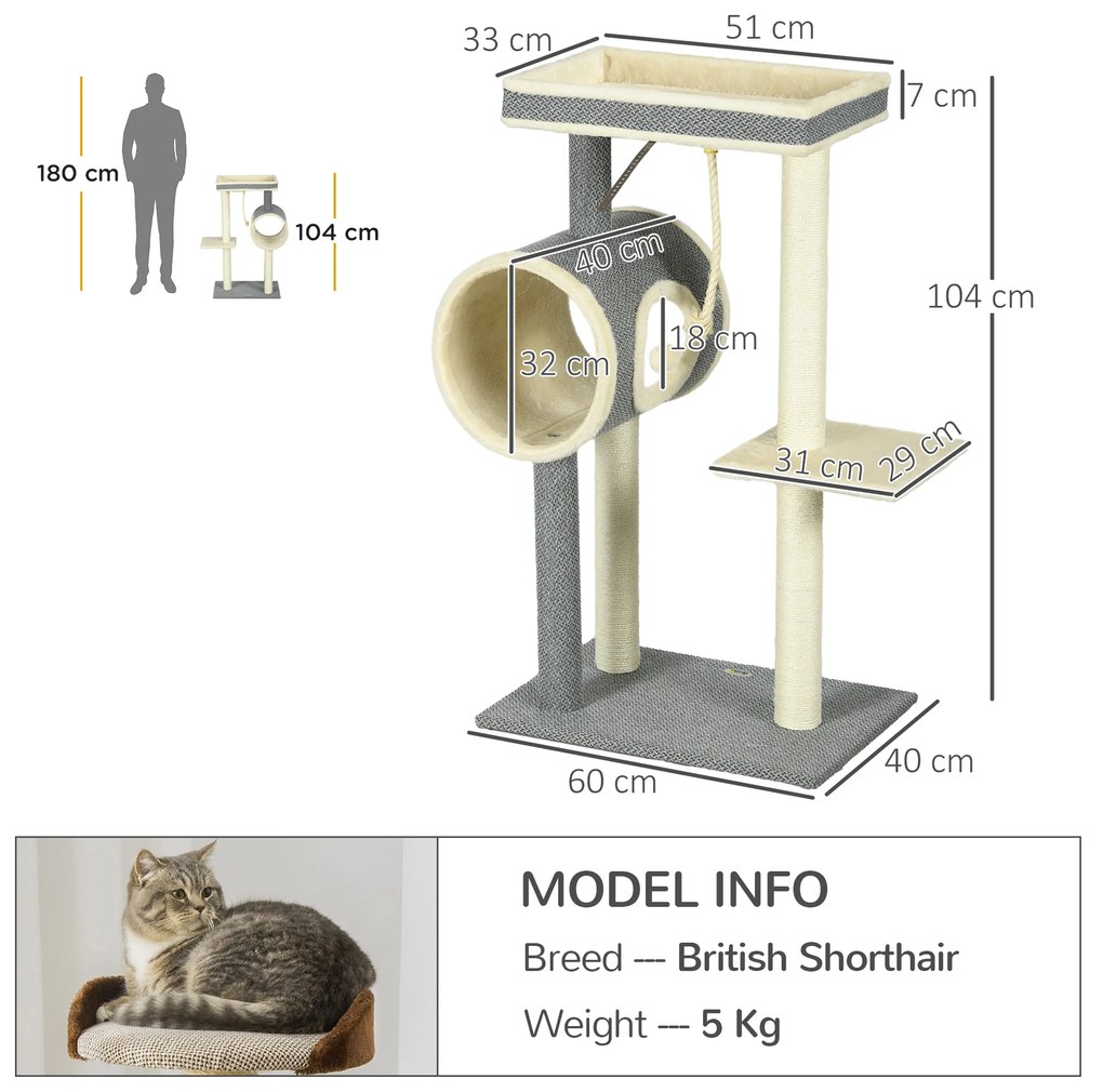 PawHut Copac zgâriat Katzenbaum, 1 cuib pentru pisici, 2 zone de odihnă, 60 cm x 40 cm x 104 cm, Gri + Natural | Aosom Romania