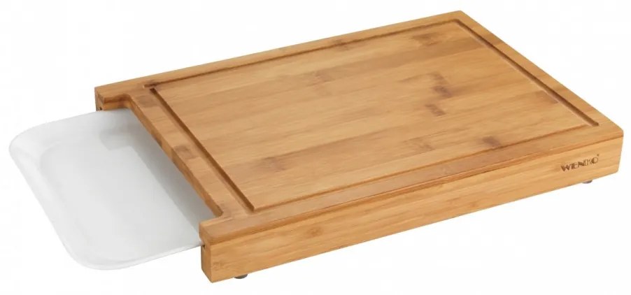 Tocator cu tava integrata Bruno, Wenko, 25 x 35 x 4 cm, bambus/polipropilena, natur/alb