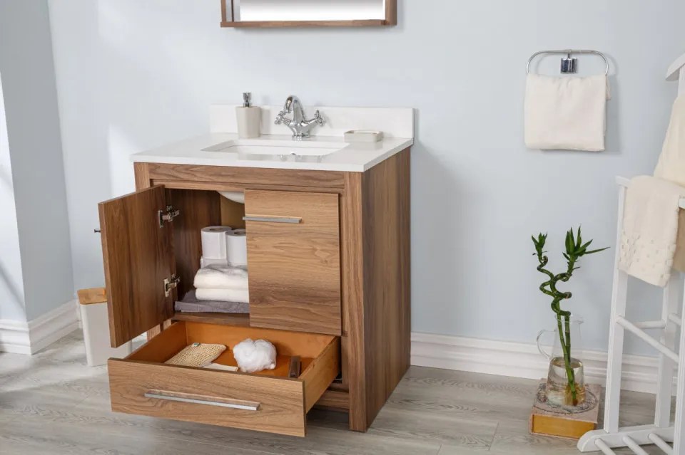 Set Mobilier Baie Superior 30, Include Dulap Baza cu Lavoar și Oglinda, 75 cm, Nuc