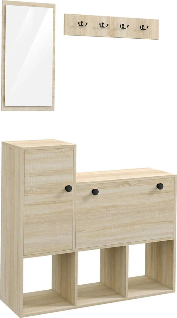 HOMCOM Mobilier pentru Hol cu Depozitare pentru 9 Perechi de Pantofi, Oglindă, Dulap, Rafturi și 4 Cârlige, 90x30x87 cm, Lemn Natural | Aosom Romania