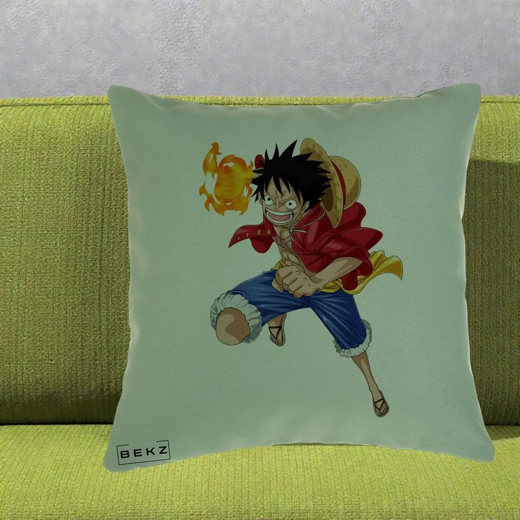 Perna Personalizata One Piece Luffy Gear Second Foc, 40x40 cm, Verde, Husa Detasabila, Perna Inclusa, BEKZ®