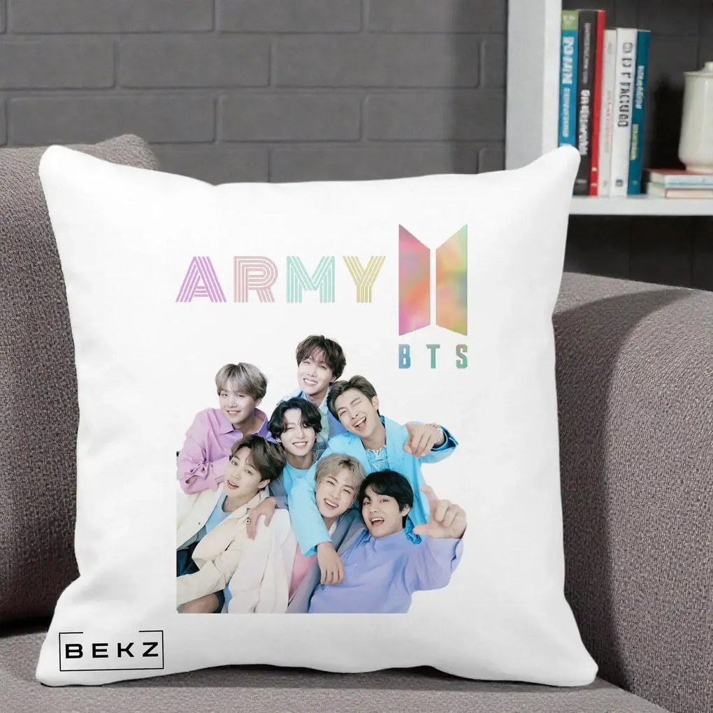 Perna Personalizata K-pop BTS ARMY Fotografie Grup Veseli, 40x40 cm, Alba Mata, Husa Detasabila, Perna Inclusa, BEKZ®
