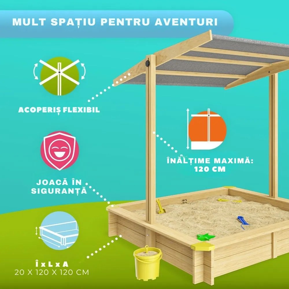 Cutie de nisip cu acoperiș SANDY, din lemn de brad, 120x120x120cm Jurhan