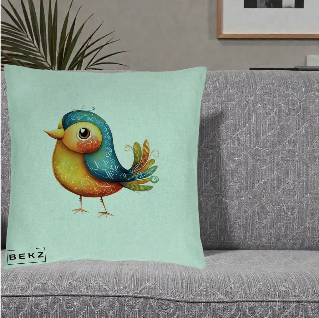 Perna Decorativa Pasare Folk Art Portocalie-Teal, 40x40 cm, Verde Menta, Husa Detasabila, Perna Inclusa, BEKZ®