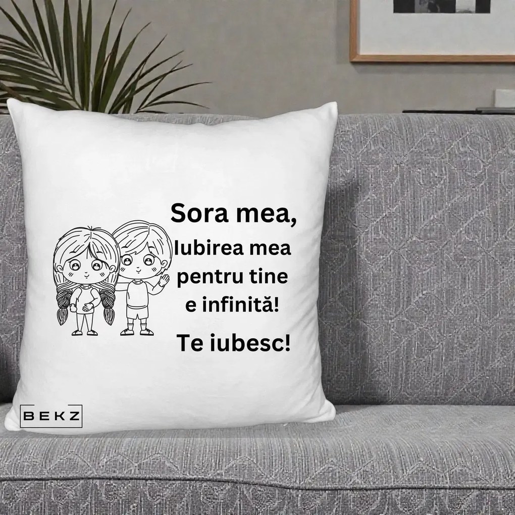 Cadou pentru Sora - Perna Personalizata Sora Mea Te Iubesc Copii Anime Line Art, 40x40 cm, Alb Pufos, Husa Detasabila, Perna Inclusa, BEKZ®