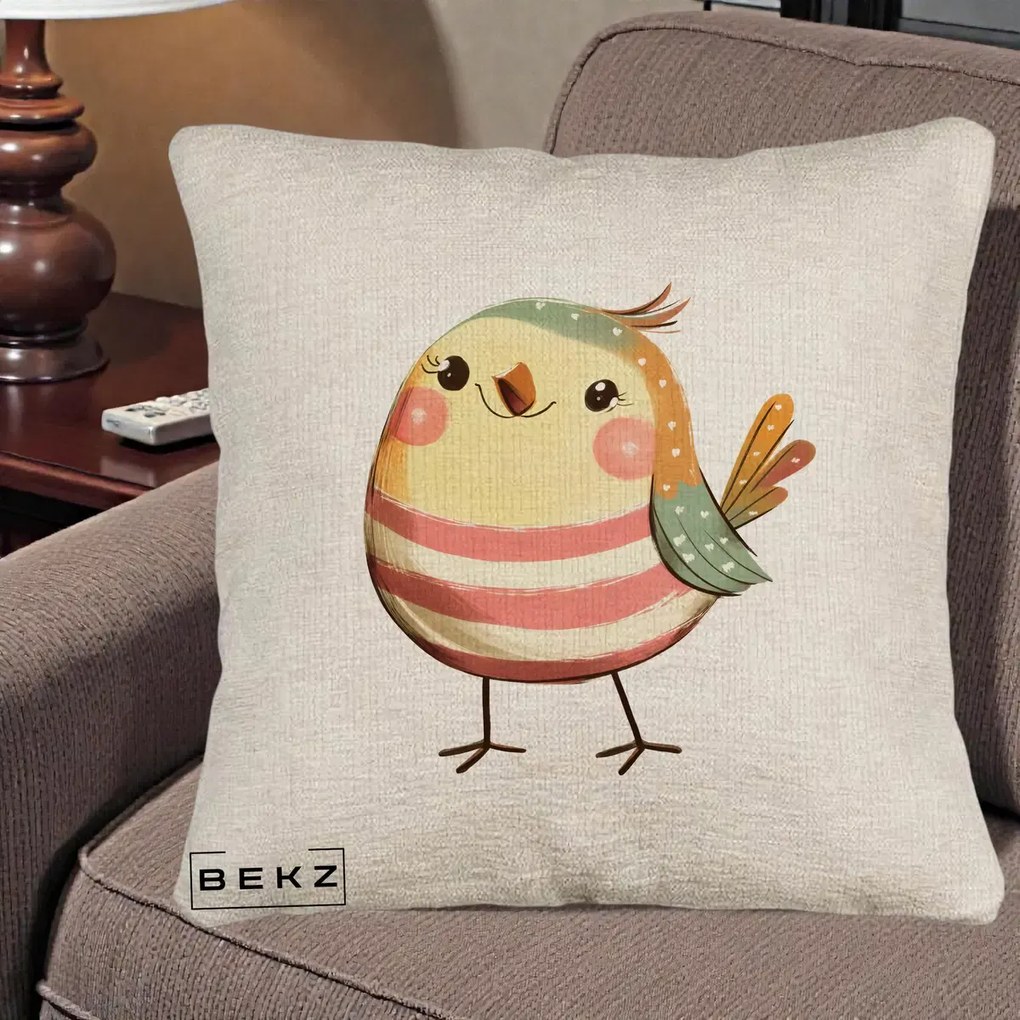 Perna Decorativa Pui Kawaii Pastel Dungat, 40x40 cm, Bej Canapea, Husa Detasabila, Perna Inclusa, BEKZ®
