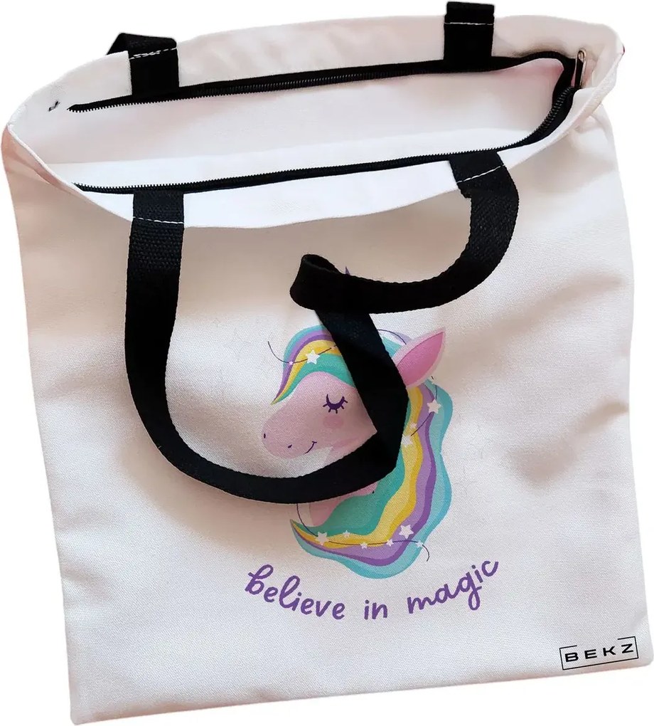 Sacosa de Panza pentru Cumparaturi, Geanta Tote, model Believe in Magic, Cu fermoar, 38x34.5 cm, Alba, BEKZ®