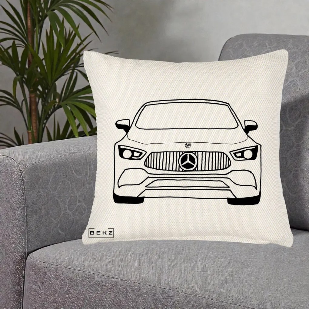Perna Personalizata Mercedes-Benz Fata Linie, 40x40 cm, Crem Reliefat, Husa Detasabila, Perna Inclusa, BEKZ®