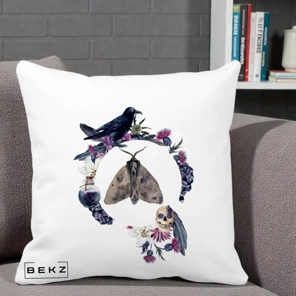 Perna Decorativa Gothic Wreath Corb Moliu Craniu, 40x40 cm, Alba Mata, Husa Detasabila, Perna Inclusa, BEKZ®