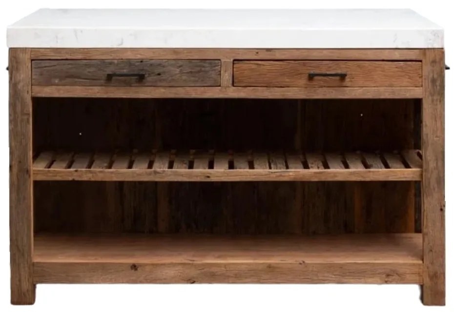 Insula de bucatarie din lemn reciclat si blat alb din marmura, Greta