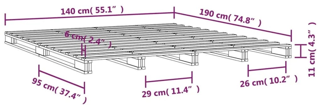 Cadru de pat, gri, 140x190 cm, lemn masiv de pin Gri, 140 x 190 cm