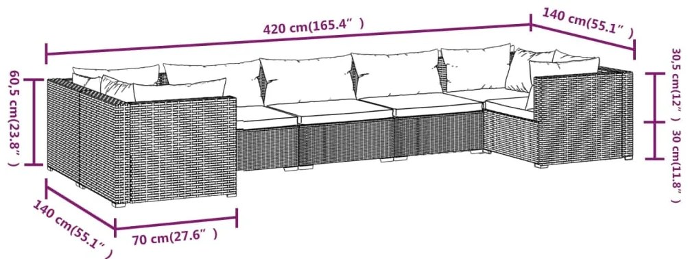 Set mobilier de gradina cu perne, 7 piese, negru, poliratan Negru si albastru, 4x colt + 3x mijloc, 1