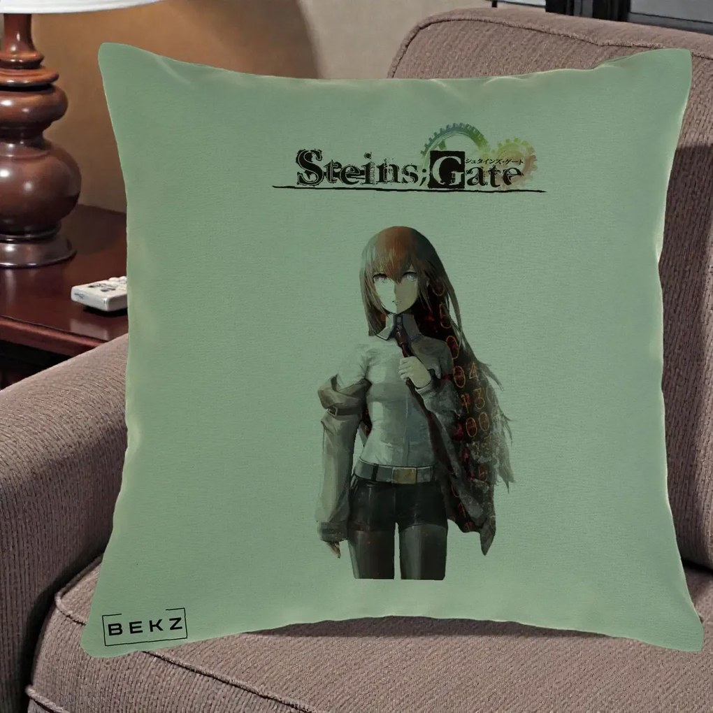 Perna Personalizata Steins Gate Kurisu Makise Anime, 40x40 cm, Verde, Husa Detasabila, Perna Inclusa, BEKZ®