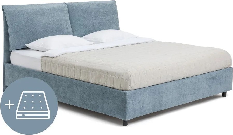Pat dublu tapițat albastru cu spațiu de depozitare cu saltea/ somieră 180x200 cm Myra Pillow - Bonami Selection