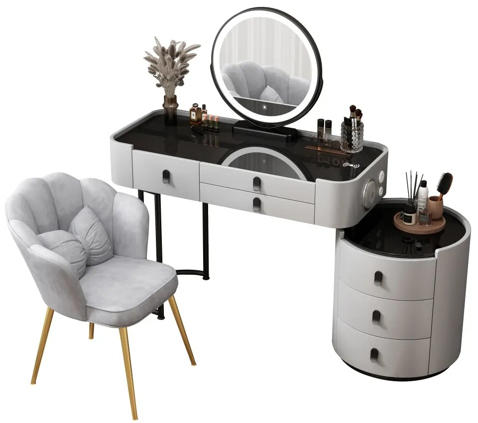 Set Lucia Premium, Masă de toaletă pentru machiaj, incarcare Wireless+USB+USB C, difuzor Bluetooth, oglindă iluminată LED, control touch, trei tipuri culoare, 6 sertare, scaun, 100 cm