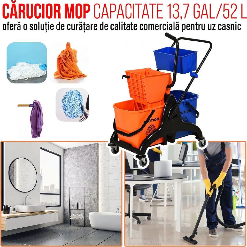 HOMCOM Cărucior Profesional de Curățenie cu 2 Găleți de 26L, Cărucior cu Presă, Mâner și 4 Roți Universale, pentru Hotel, Casă, Birou, 78x45x95 cm, Portocaliu și Albastru | Aosom Romania