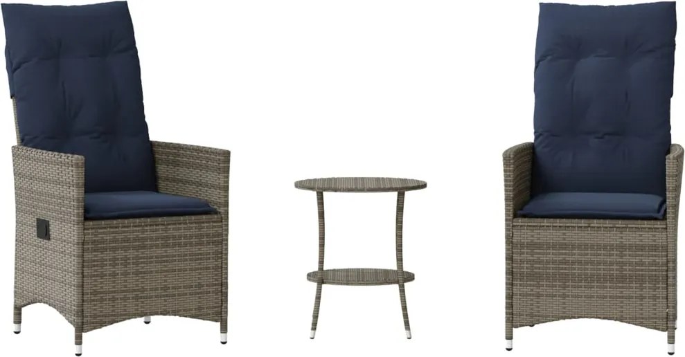 vidaXL Set bistro 3 piese cu perne, gri, poliratan