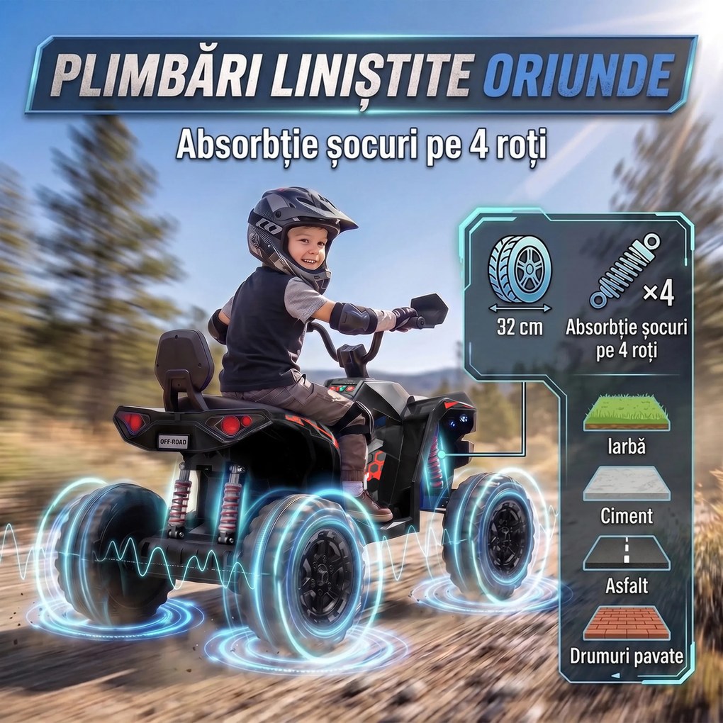 AIYAPLAY ATV electric pentru copii 24V, 2 locuri, baterie litiu, 2 motoare 120W, suspensii, muzică, faruri, negru | Aosom Romania