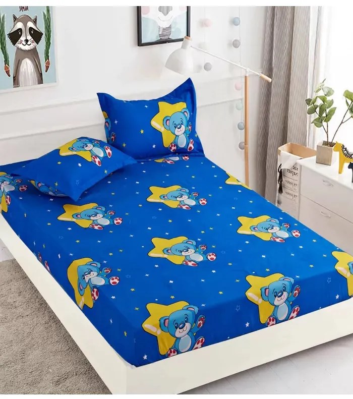 Husa de pat cu elastic si 2 fete de perna pentru pat dublu, albastru / galben, HBF-157